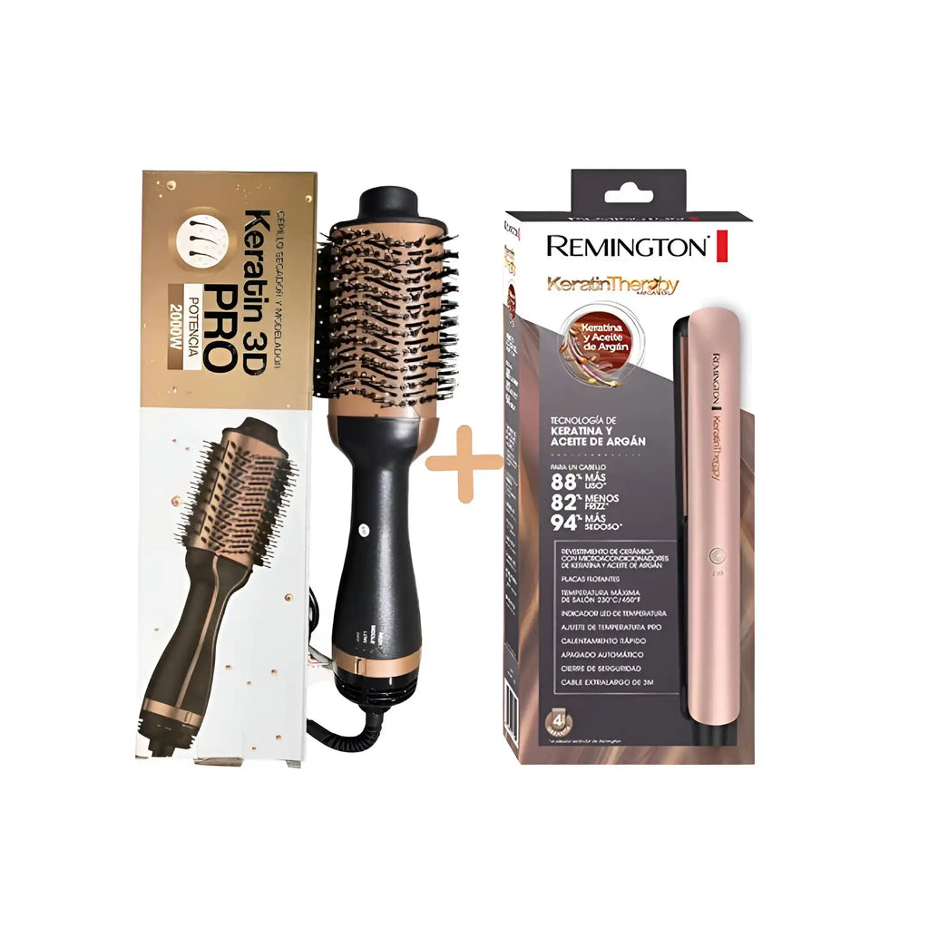 Combo Remington Keratina Pro – Plancha + Cepillo Secador de Keratina y Argán